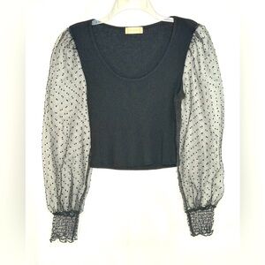 Altar'd State Black Crop Top Sheer Puff Sleeves Polka Dot‎ Scoop Neck Twee  SzM